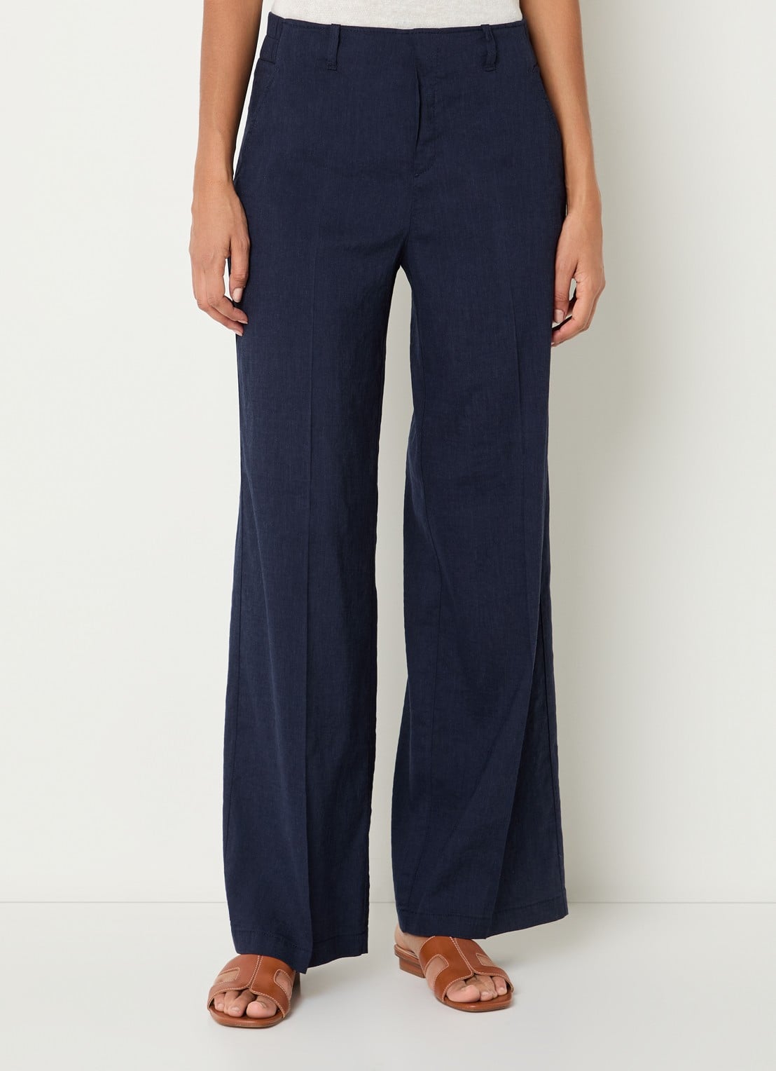 Rosner Studio Mid waist straight fit pantalon in linnenblend - detail donkerblauw