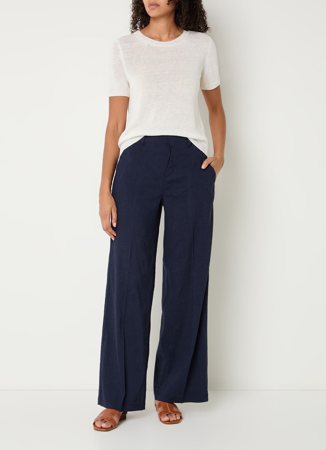 Rosner Studio Mid waist straight fit pantalon in linnenblend - voorkant 3 donkerblauw