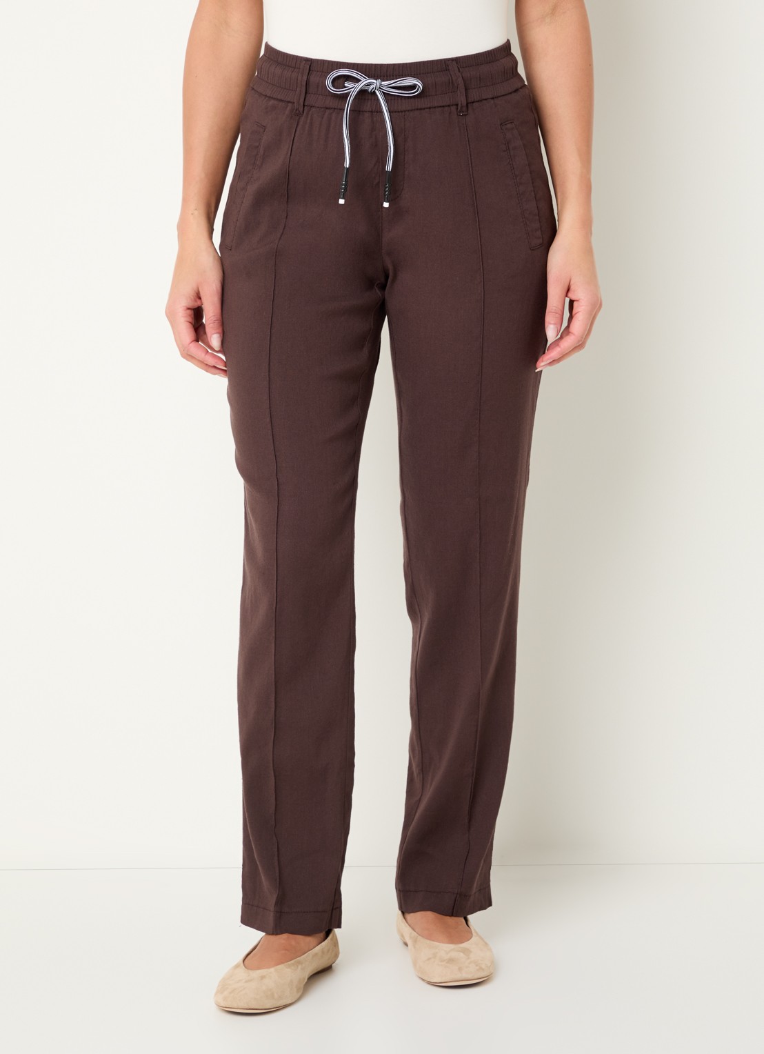Rosner Studio Rosner high waist slim fit pantalon in linnenblend - detail 2 donkerbruin