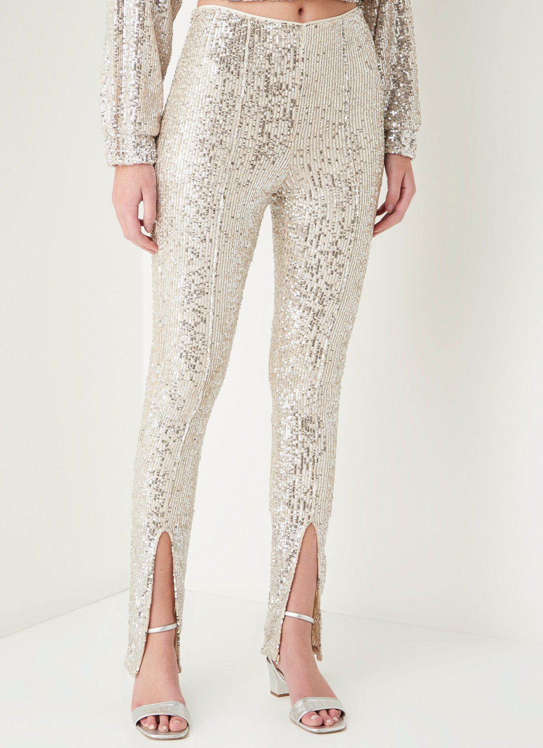 ROTATE Alicia high waist legging met pailletten en splitten - detail 2 zilver