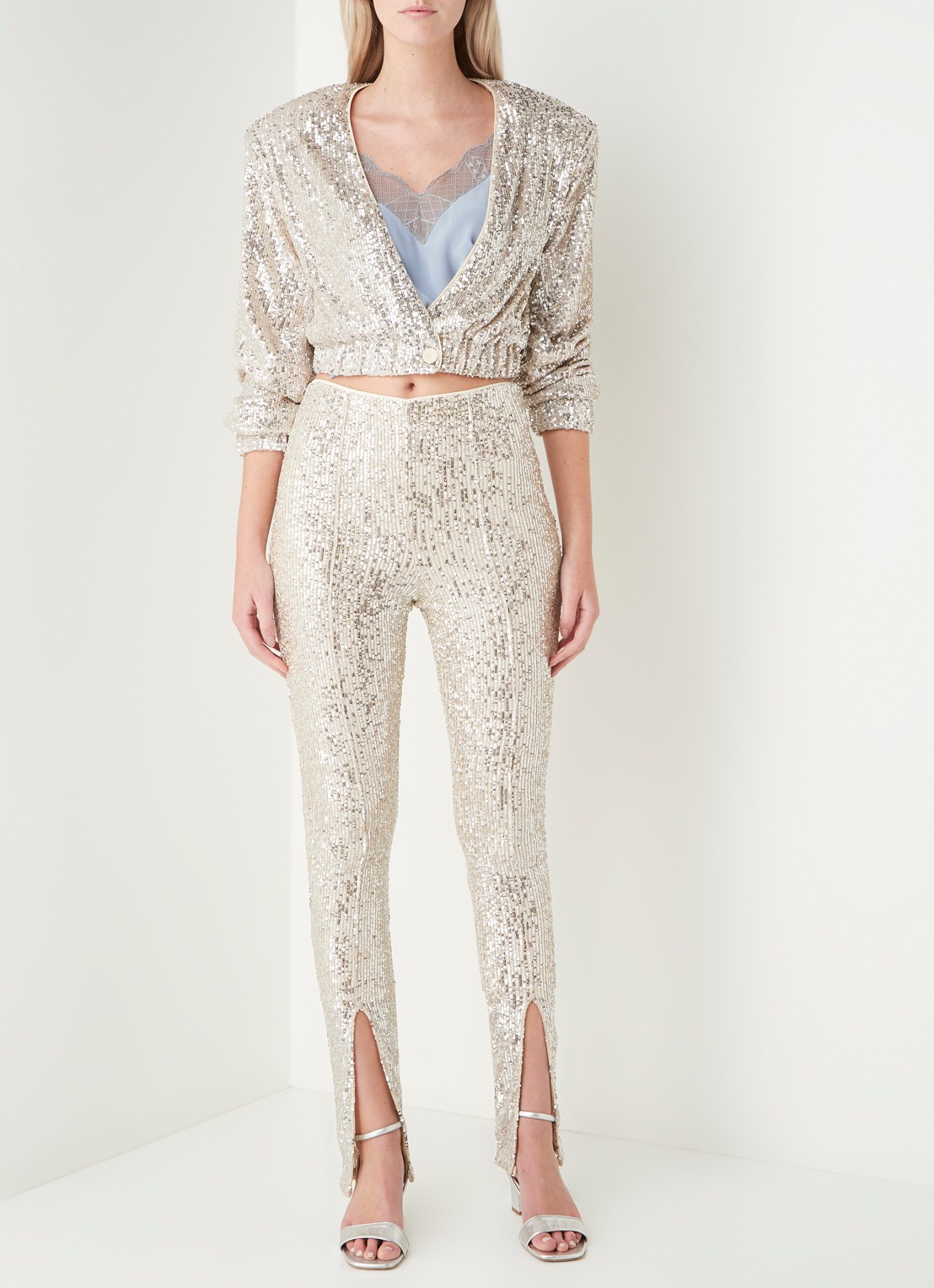 ROTATE Alicia high waist legging met pailletten en splitten - voorkant 4 zilver