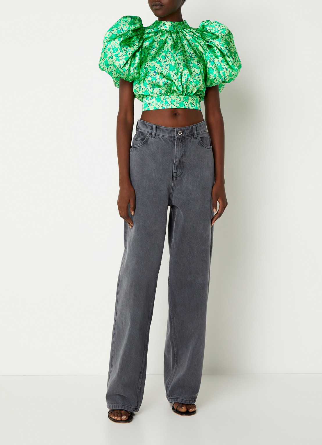 ROTATE Crop top van satijn met rugdecolleté en pofmouw - achterkant 5 groen