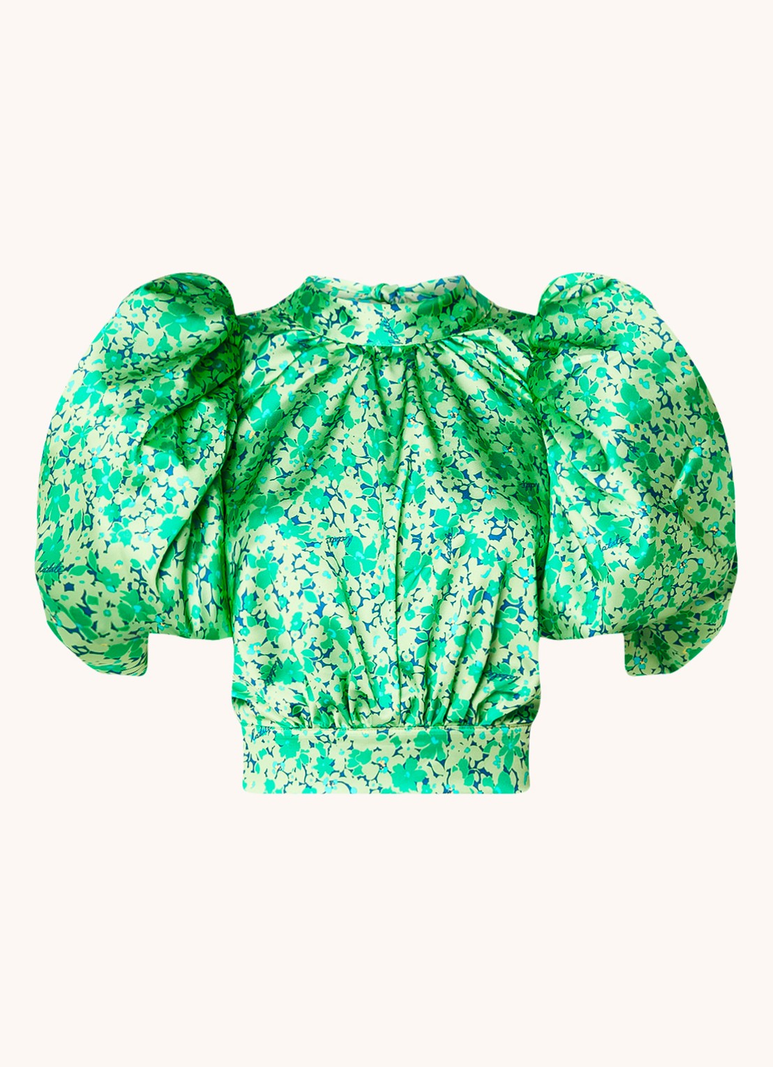 ROTATE Crop top van satijn met rugdecolleté en pofmouw - voorkant groen