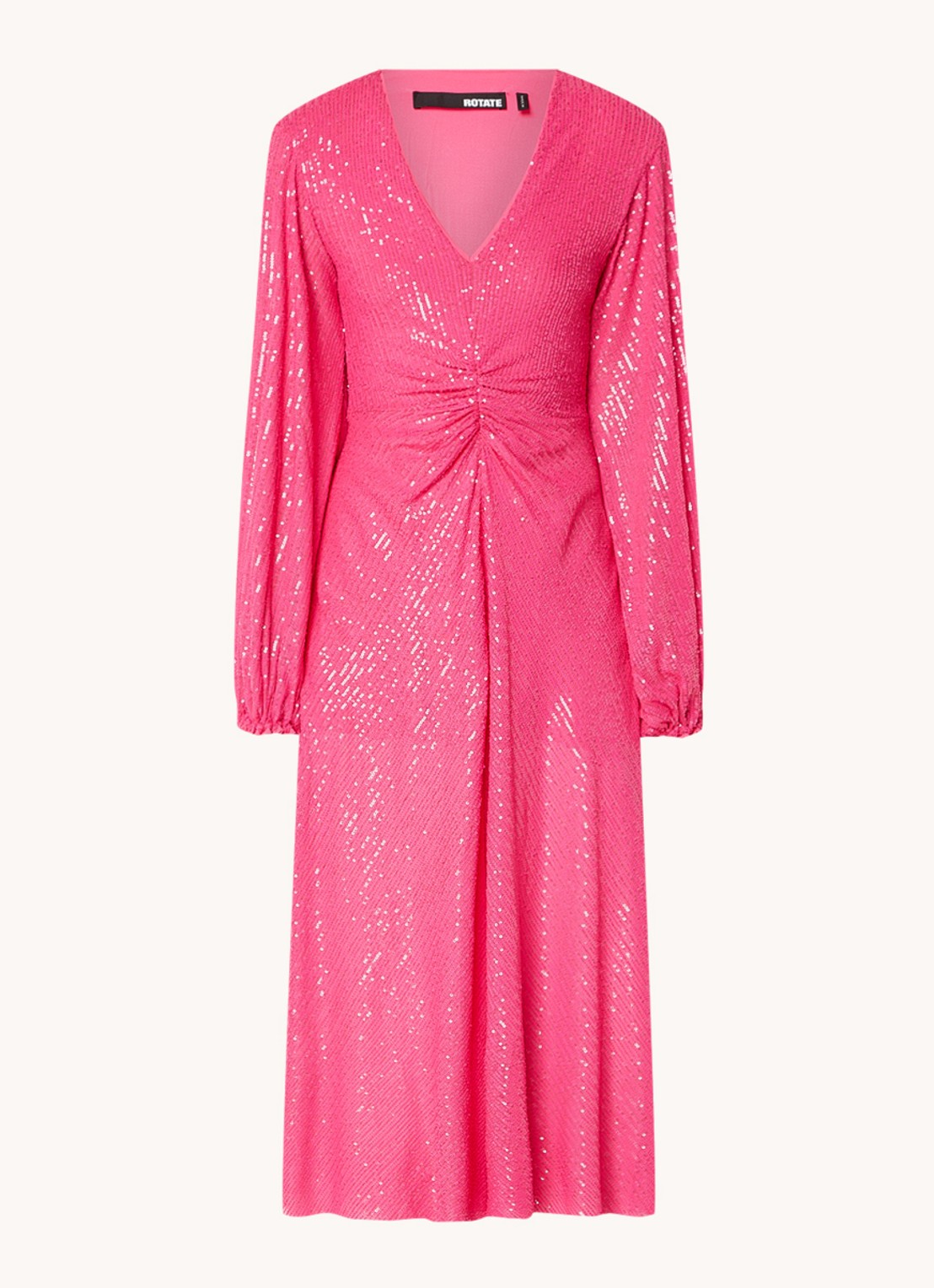 ROTATE Sirin midi jurk met pailletten en ballonmouw - voorkant 2 roze