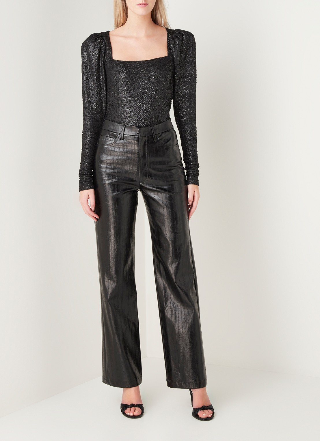 ROTATE Stevie top met pofmouw en lurex - voorkant 2 zwart