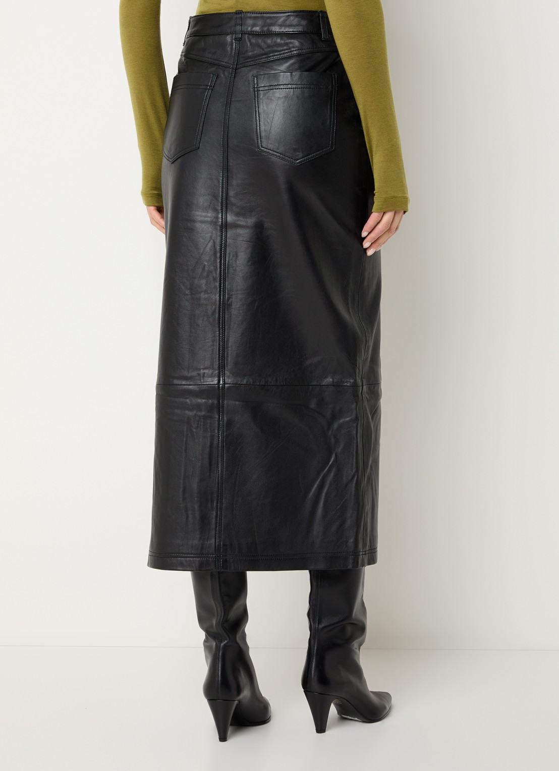 ROUGE EDIT Camden midi rok van leer met split - achterkant 3 zwart