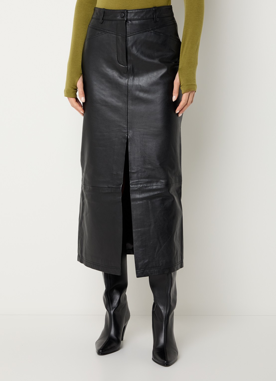 ROUGE EDIT Camden midi rok van leer met split - detail 4 zwart
