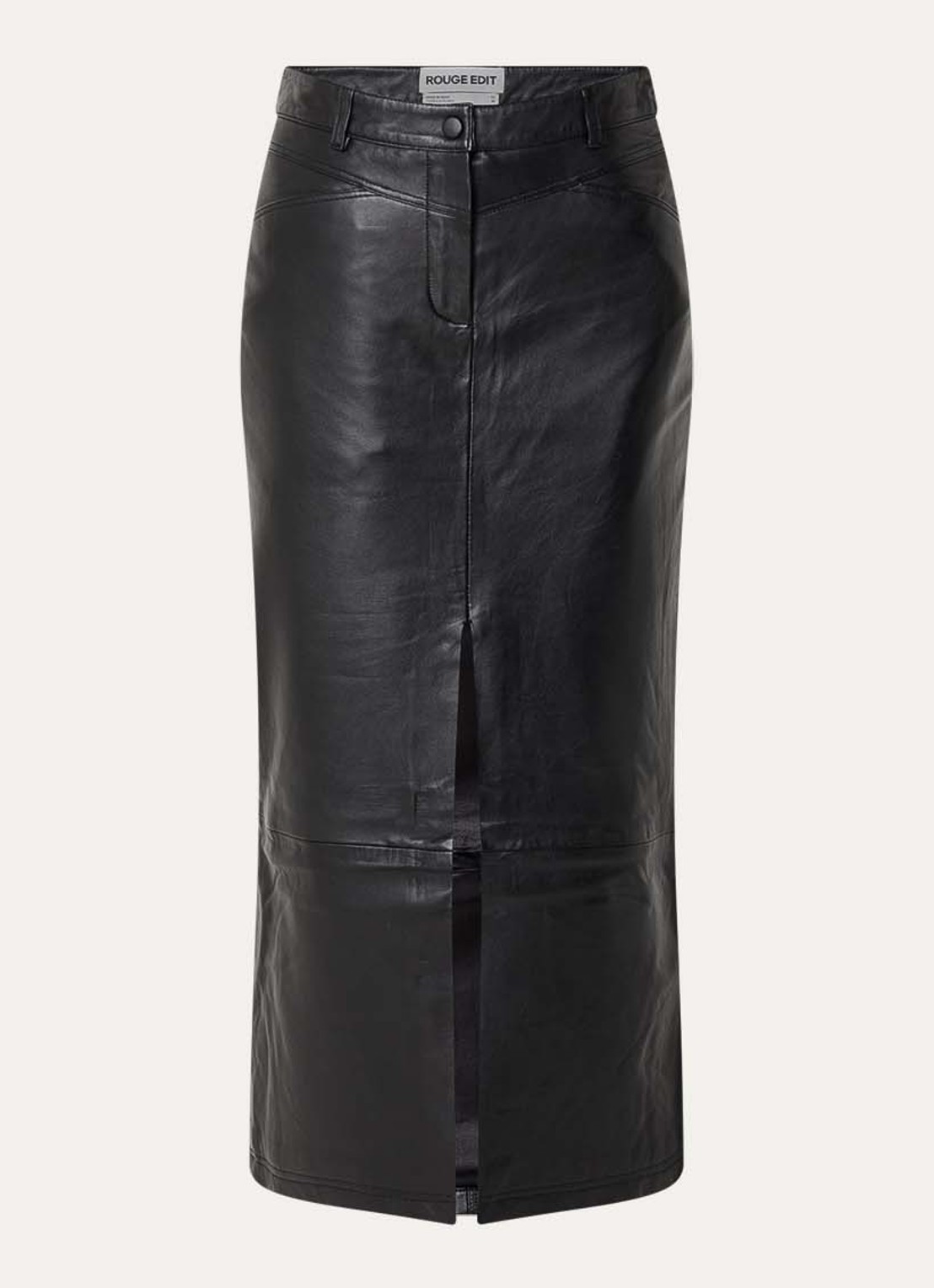 ROUGE EDIT Camden midi rok van leer met split - voorkant zwart