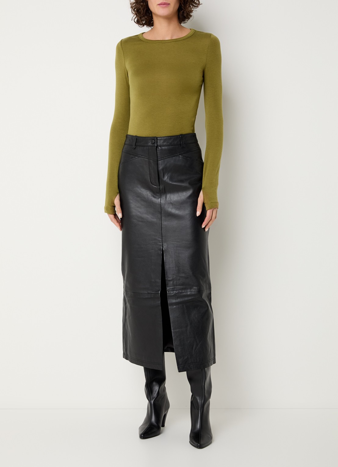 ROUGE EDIT Camden midi rok van leer met split - voorkant 2 zwart