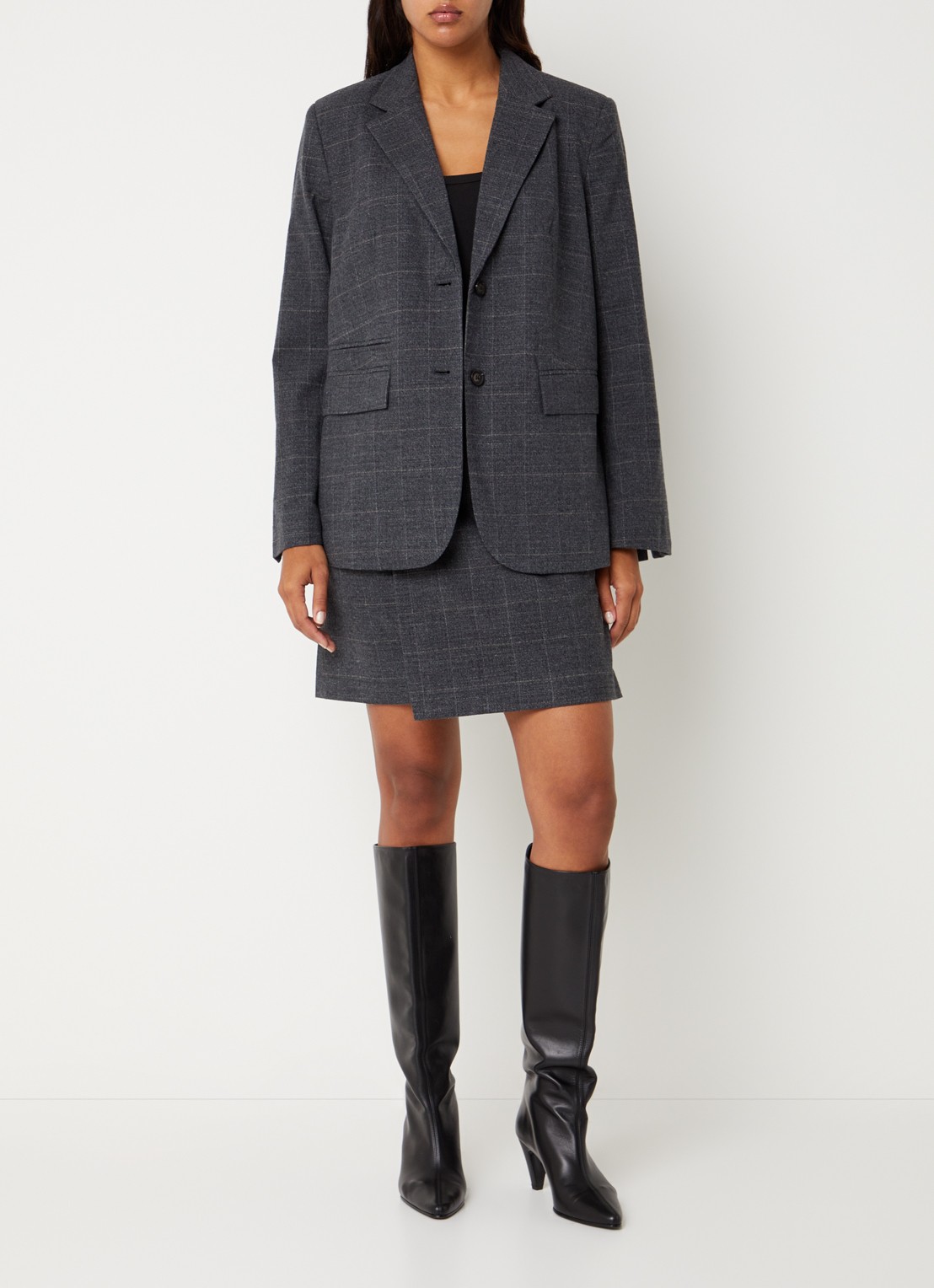ROUGE EDIT Cara blazer met ruitdessin en opgestikte zakken - voorkant 2 antraciet