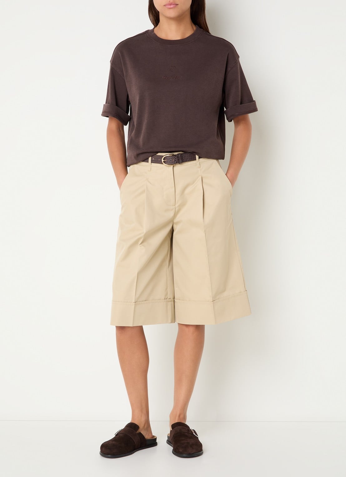 ROUGE EDIT Francie high waist wide fit culotte met steekzakken - voorkant 4 beige