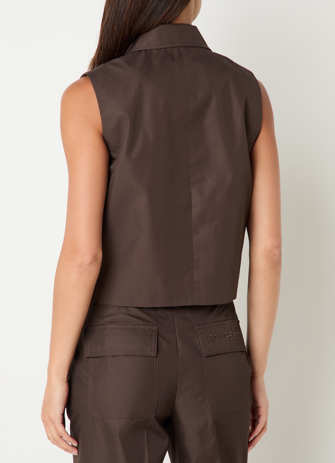 ROUGE EDIT Fransiska gilet van canvas met klepzakken - achterkant 3 bruin