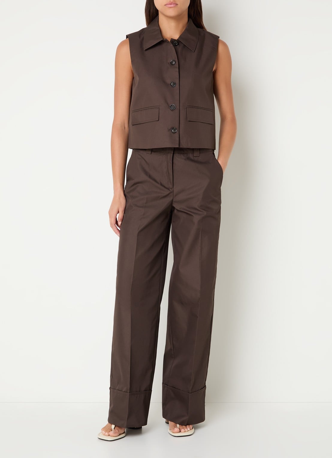 ROUGE EDIT Fransiska gilet van canvas met klepzakken - voorkant 2 bruin