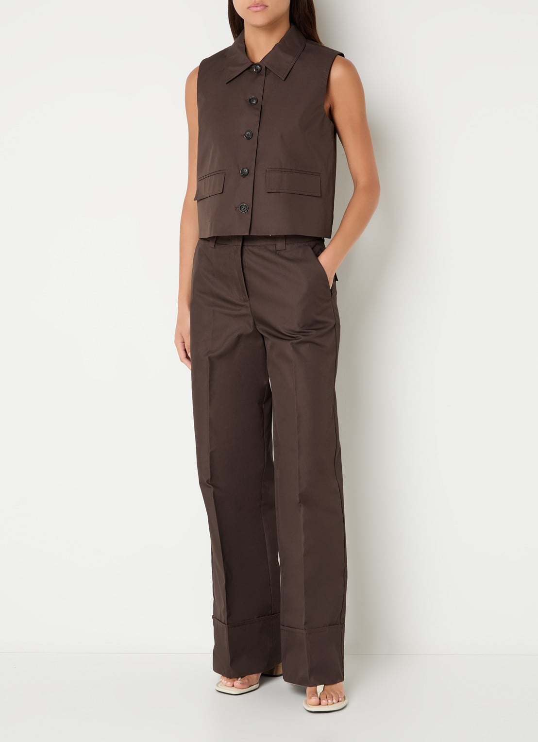 ROUGE EDIT Fransiska high waist straight fit pantalon van canvas - voorkant 3 bruin