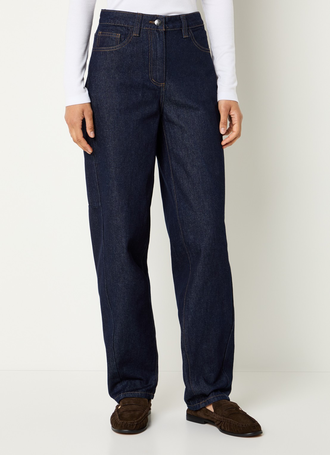 ROUGE EDIT High waist tapered jeans met steekzakken - detail donkerblauw