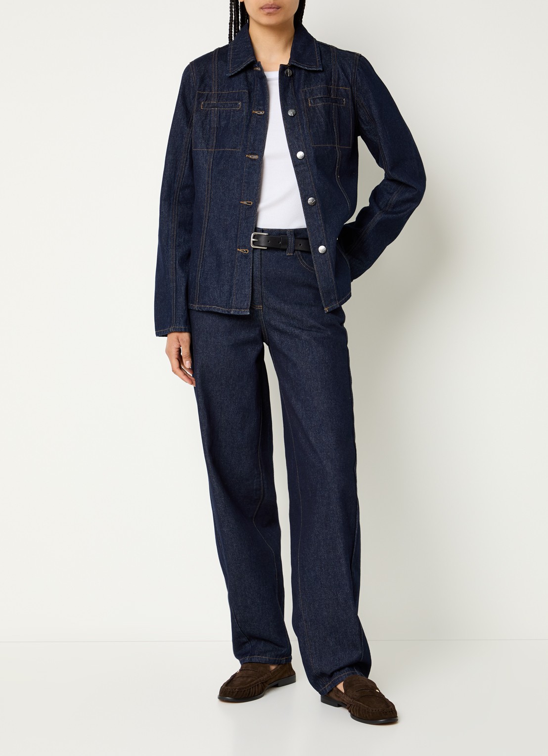 ROUGE EDIT High waist tapered jeans met steekzakken - voorkant 4 donkerblauw