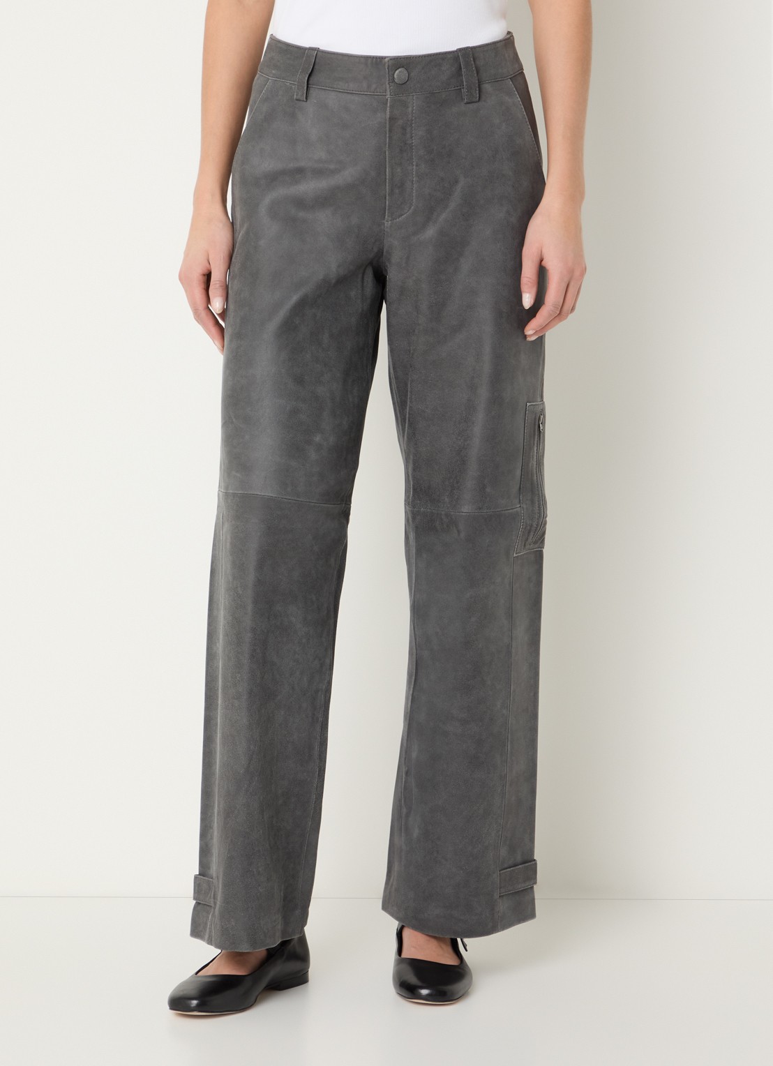 ROUGE EDIT Roubrooklyn high waist straight fit broek van lamsleer - detail 2 beige