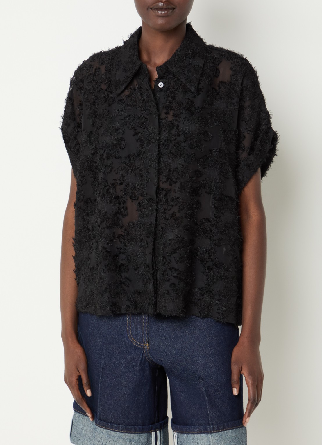 ROUGE EDIT Roukyoto semi-transparante blouse met structuur - detail 2 zwart