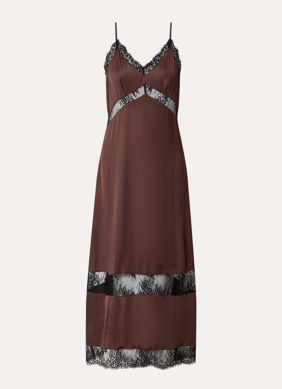 ROUGE EDIT Roulace maxi jurk van satijn met details van kant - voorkant 2 bruin