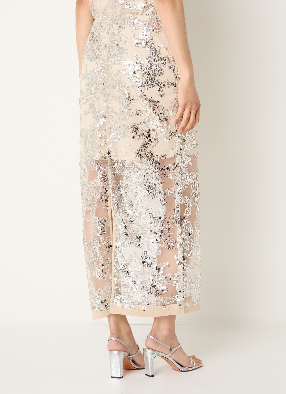 ROUGE EDIT Rouleona semi-transparante midi rok met pailletten - achterkant zilver
