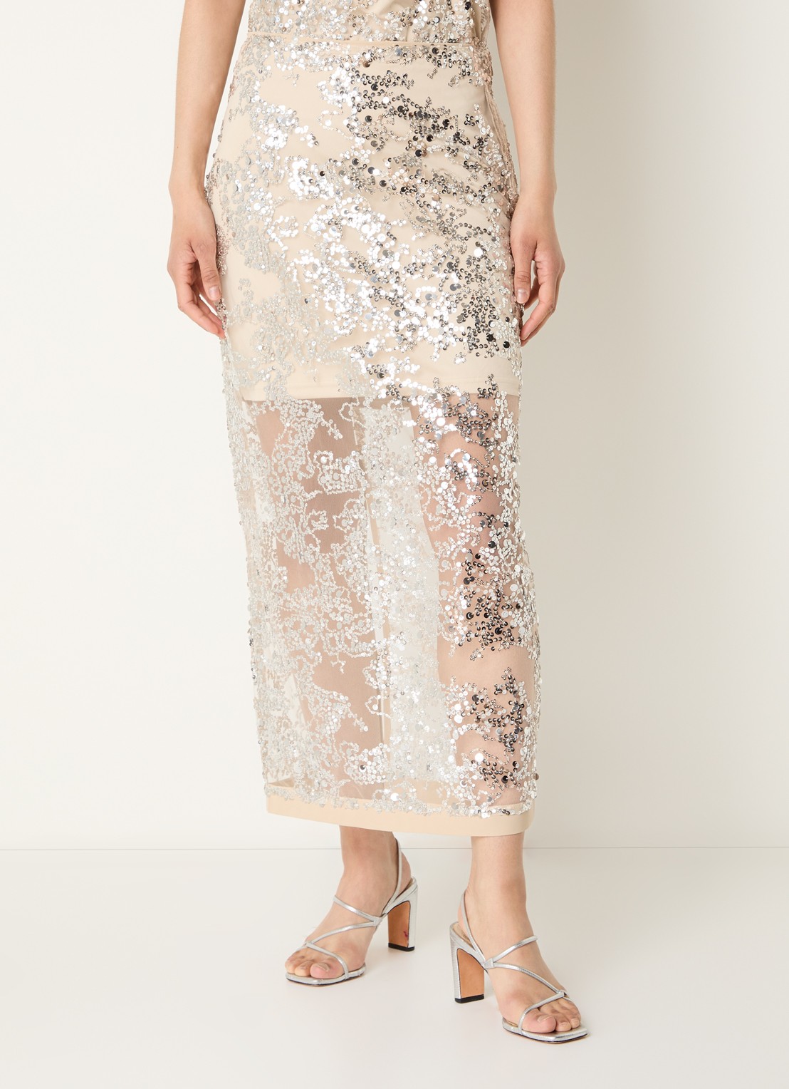 ROUGE EDIT Rouleona semi-transparante midi rok met pailletten - detail 4 zilver