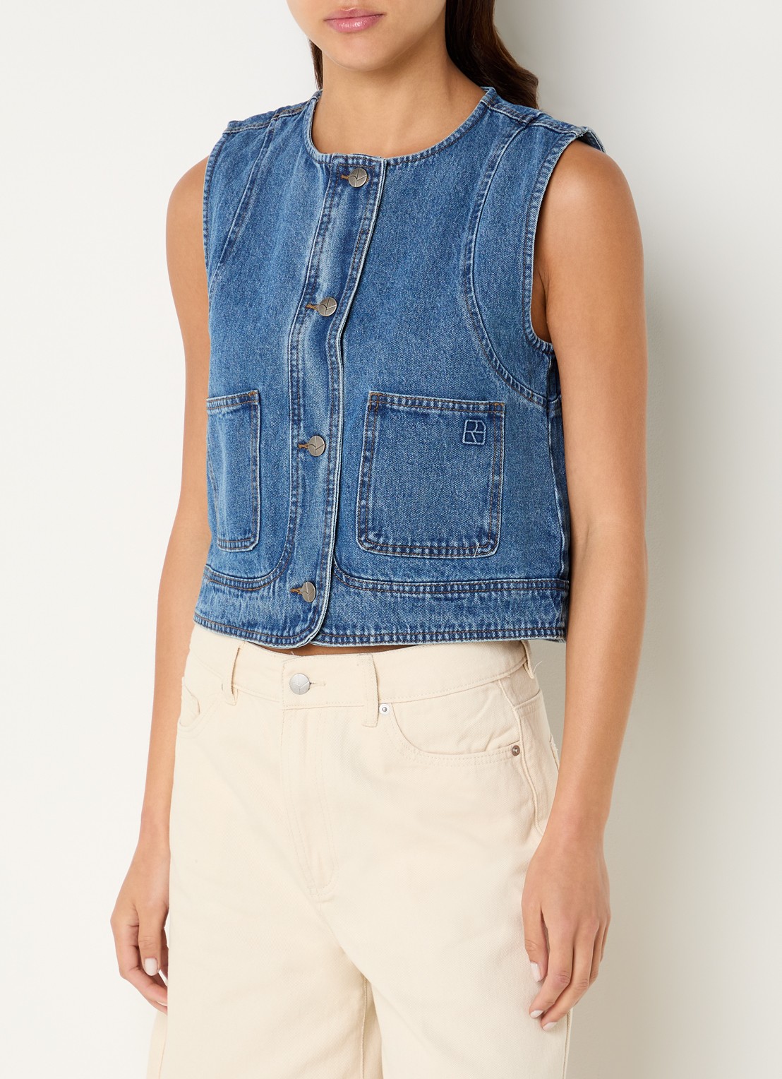 ROUGE EDIT Rouramonas gilet van denim met opgestikte zakken  - detail indigo