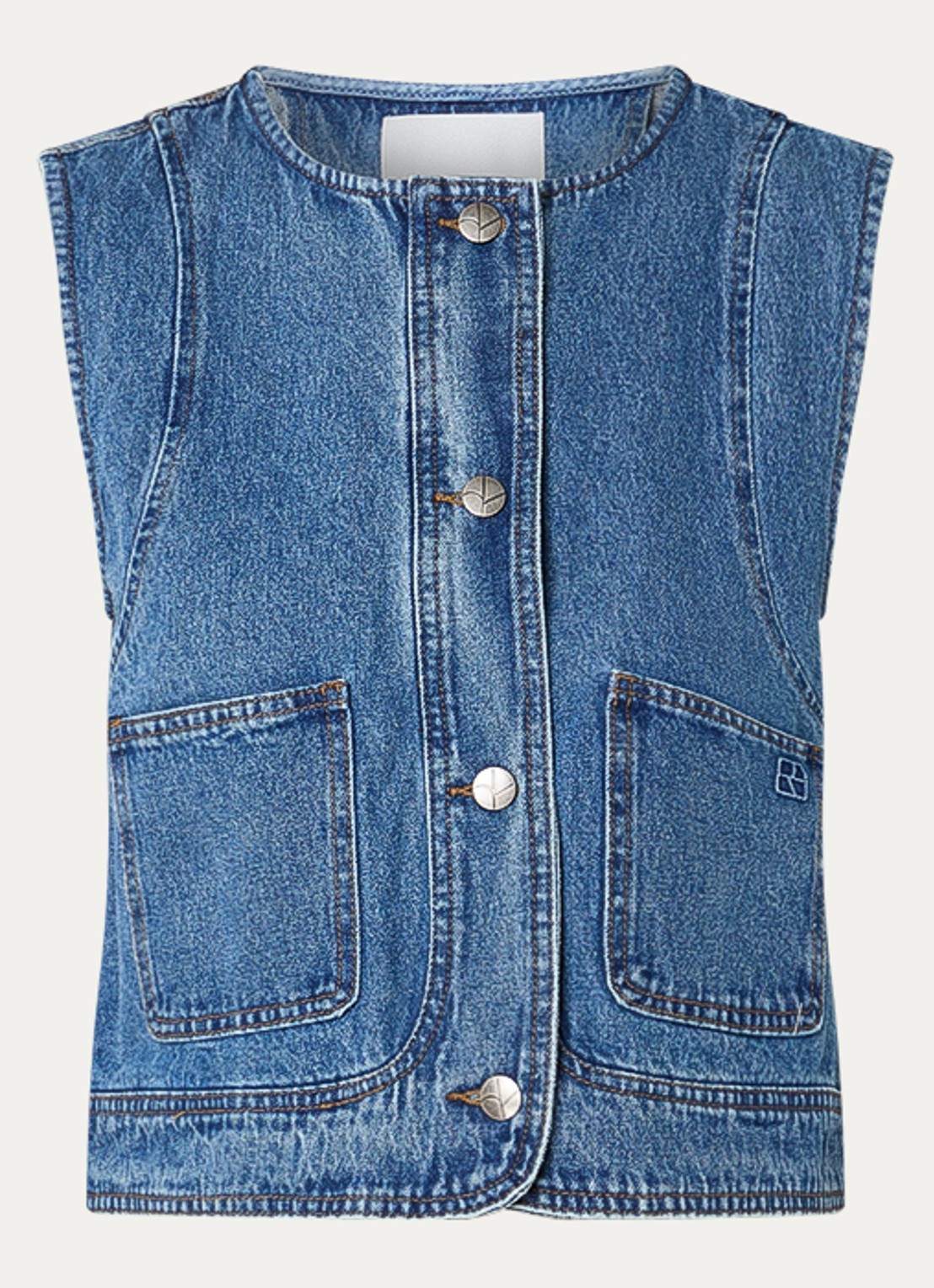 ROUGE EDIT Rouramonas gilet van denim met opgestikte zakken  - voorkant 2 indigo