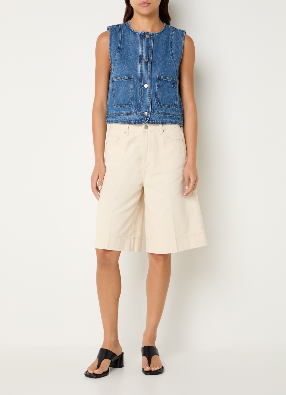 ROUGE EDIT Rouramonas gilet van denim met opgestikte zakken  - voorkant 3 indigo