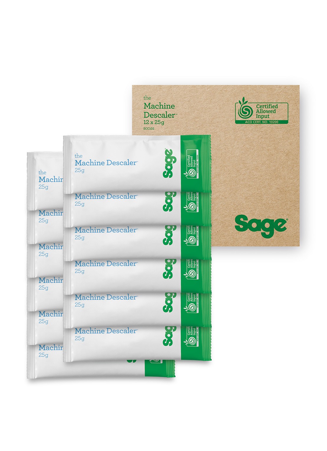 Sage The Machine Descaler ontkalker 25 gram set van 12 - voorkant wit