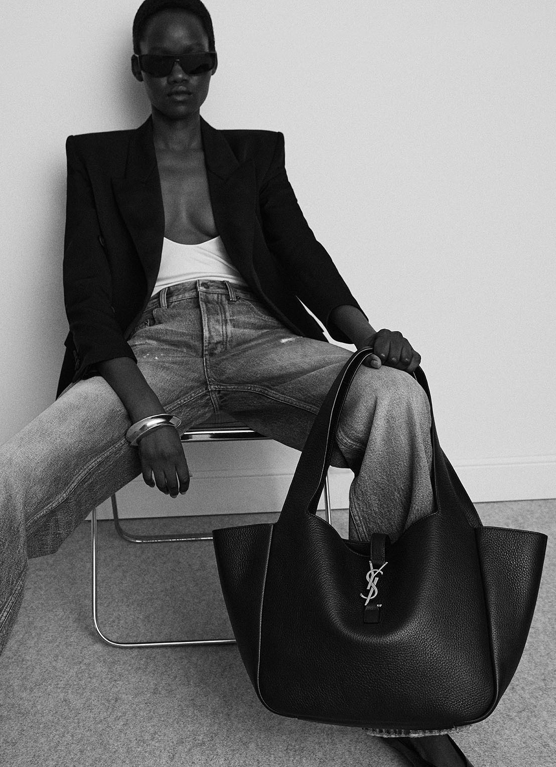 Saint Laurent Bea shopper van kalfsleer met ponyhair - detail 6 bruin
