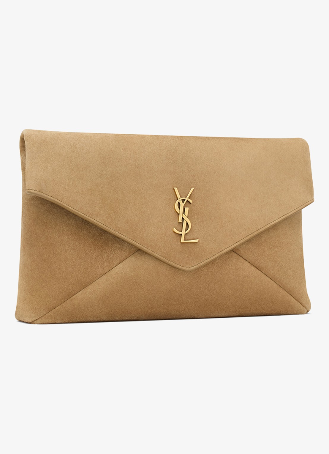 Saint Laurent Cassandre Large clutch van kalfssuède - detail 2 lichtbruin