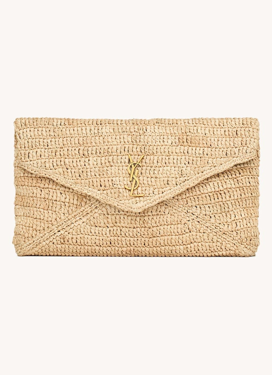 Saint Laurent Cassandre Large clutch van raffia - voorkant beige