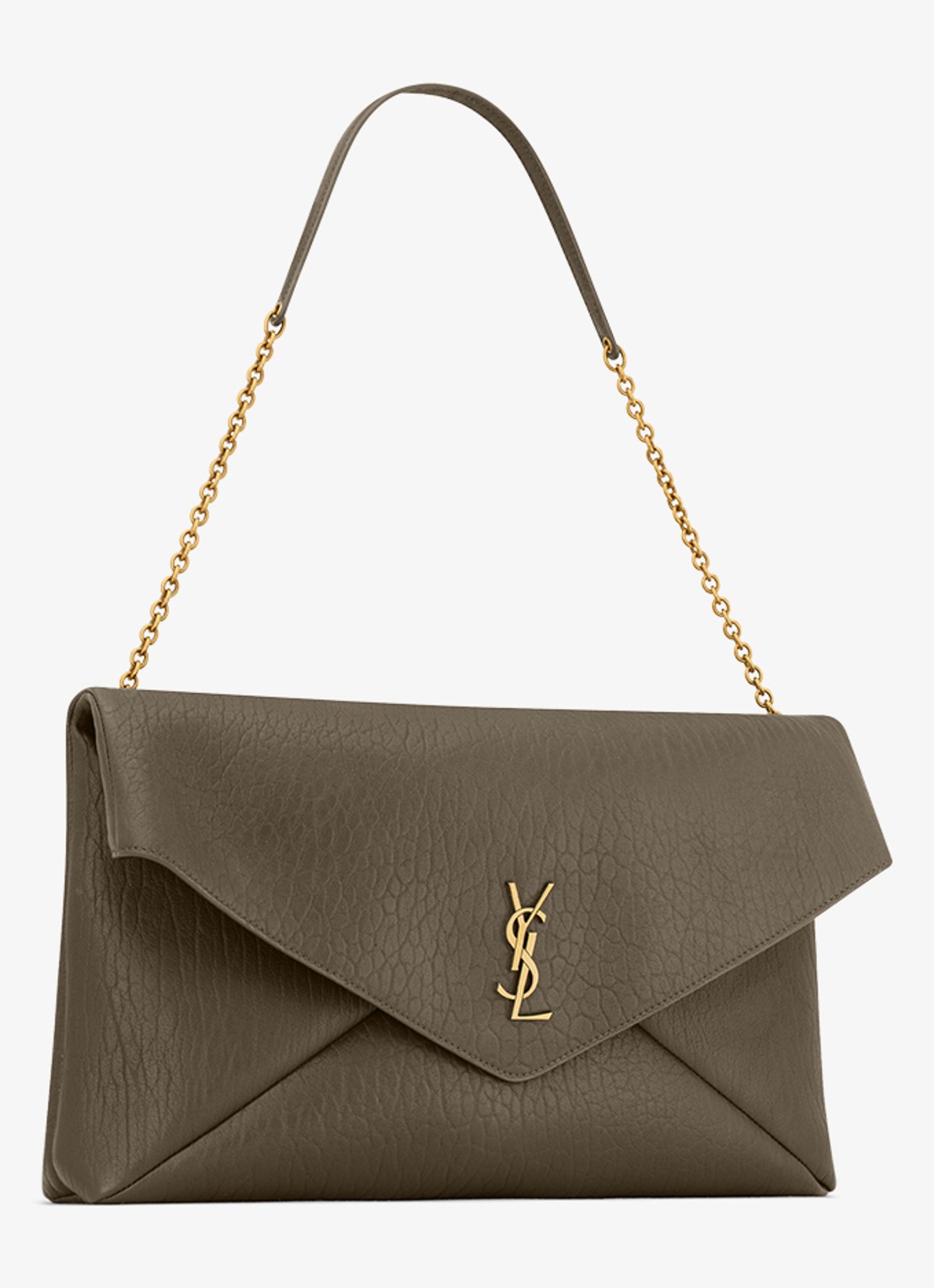 Saint Laurent Cassandre XXL Envelope schoudertas van lamsleer - detail donkerkhaki