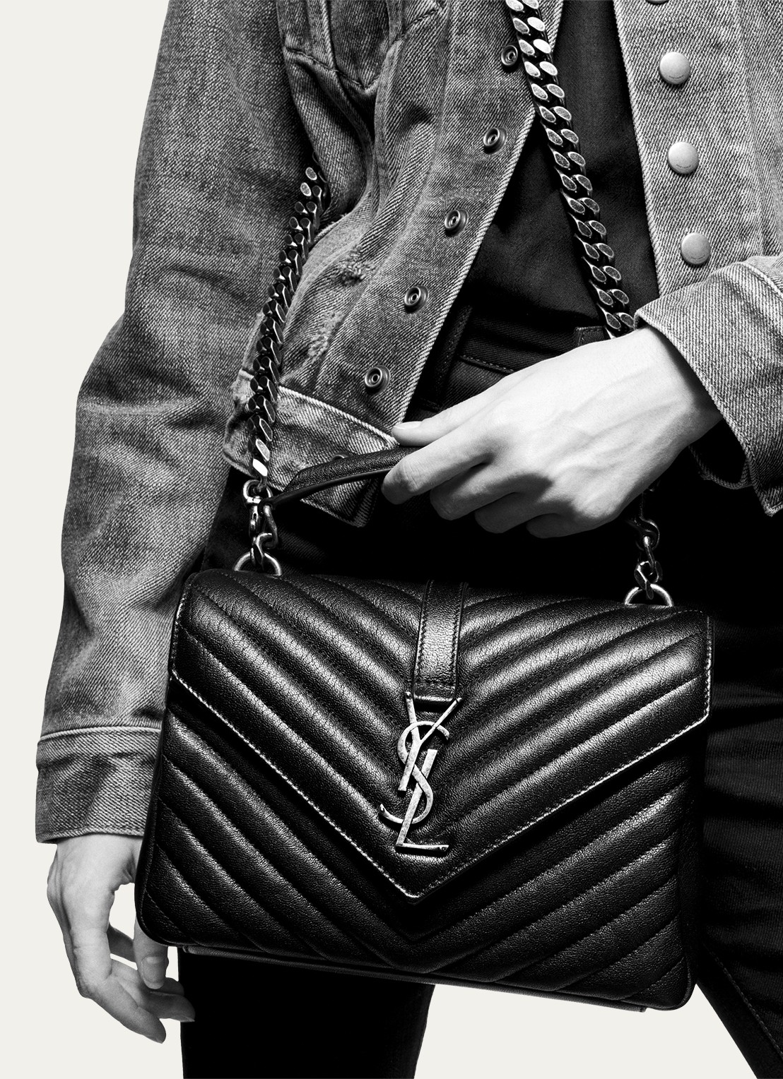 Saint Laurent College Medium crossbodytas van quilted kalfsleer - detail zwart