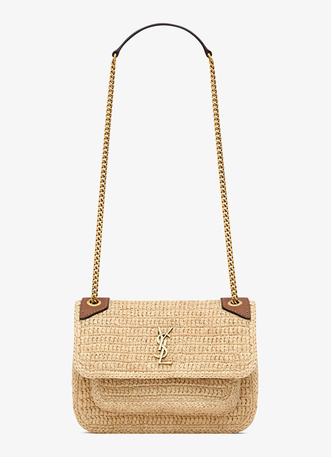 Saint Laurent Niki Mini schoudertas van raffia met leren details - voorkant 5 beige