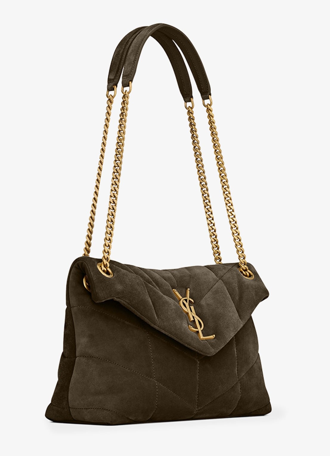 Saint Laurent Puffer Small schoudertas van kalfssuède - detail 4 bronsgroen