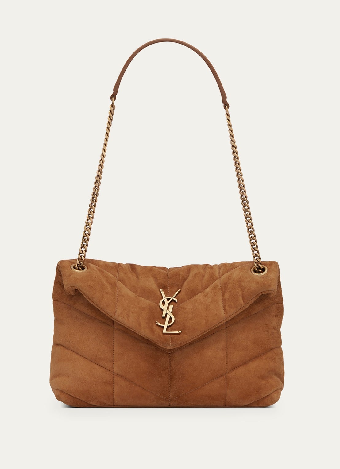 Saint Laurent Puffer Small schoudertas van quilted kalfssuède - voorkant cognac