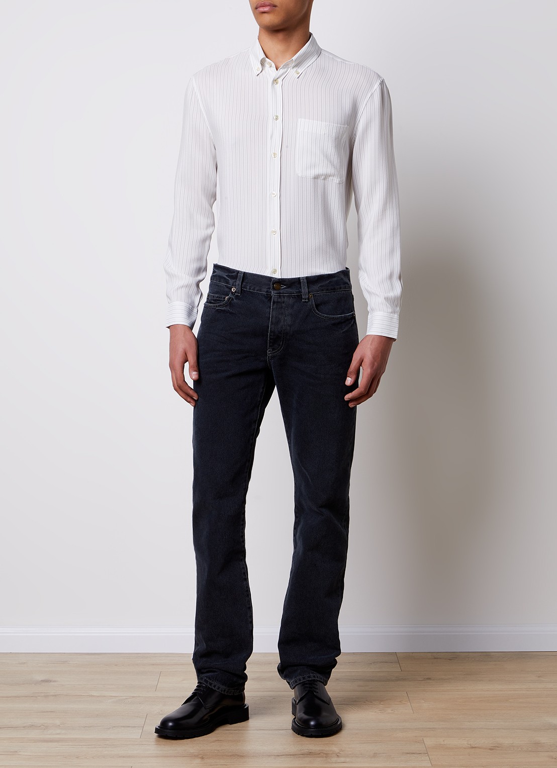 Saint Laurent Regular fit overhemd van zijde met streepprint en borstzak - voorkant 5 creme