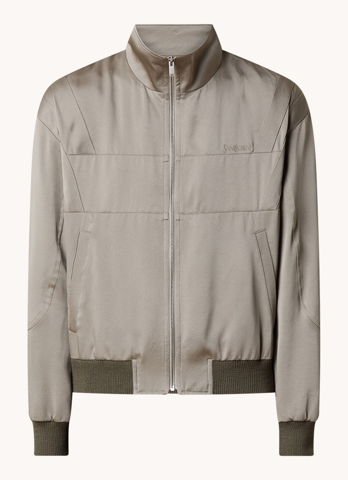 Saint Laurent Teddy bomberjack van satijn met steekzakken - voorkant 5 khaki