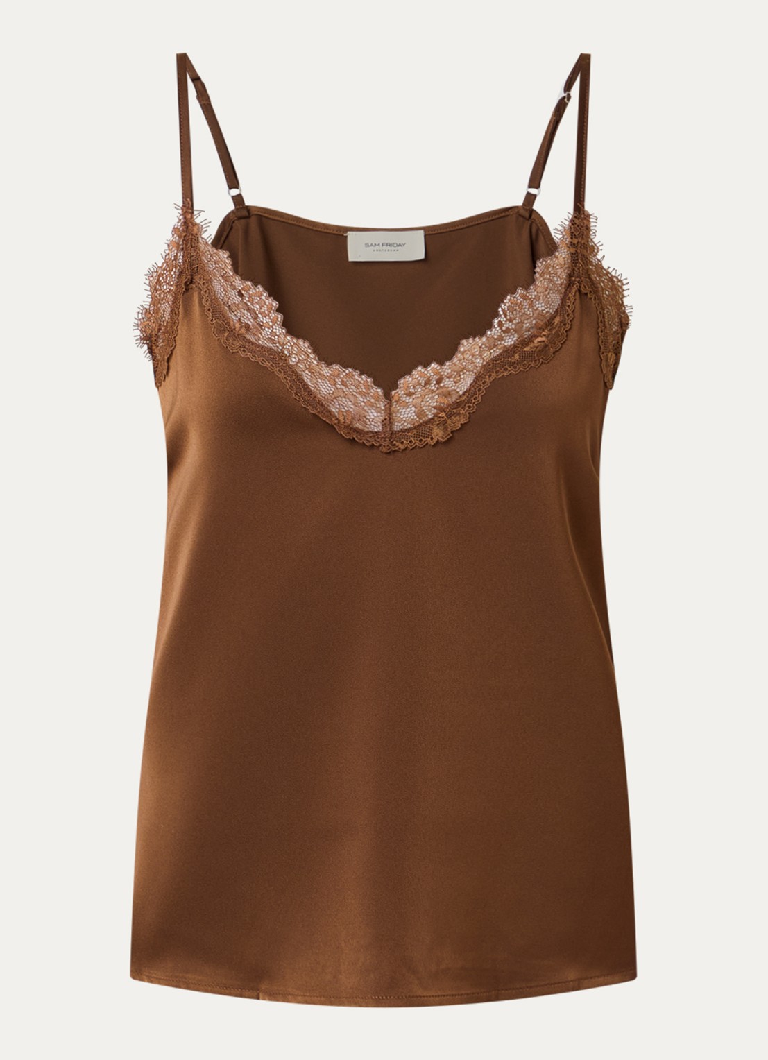 Sam Friday Pyjamatop van satijn met kant details - voorkant camel