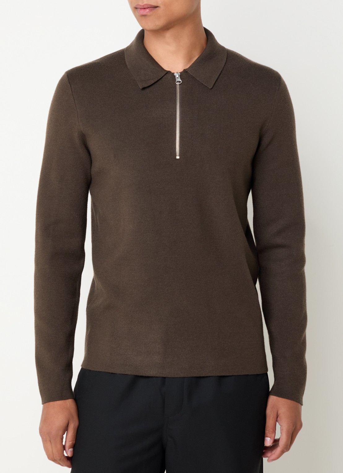 SAMSØE SAMSØE Guna fijngebreide pullover met halve rits - detail bronsgroen
