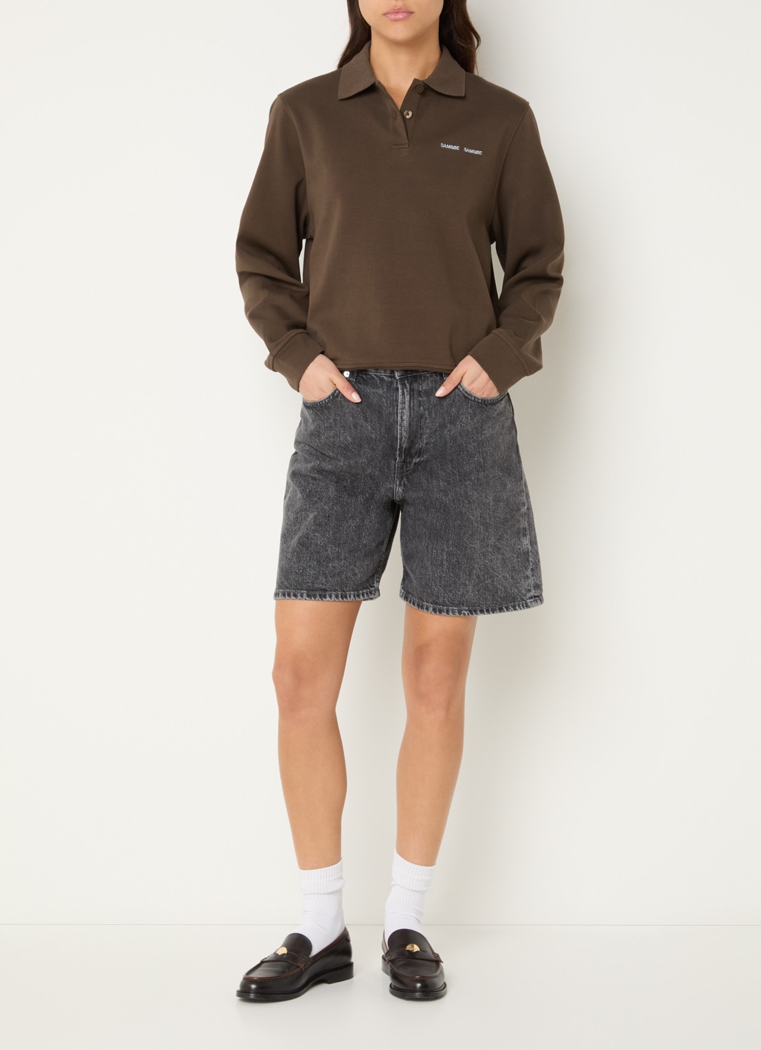 SAMSØE SAMSØE Sadory sweater met polokraag  - voorkant 4 donkerbruin