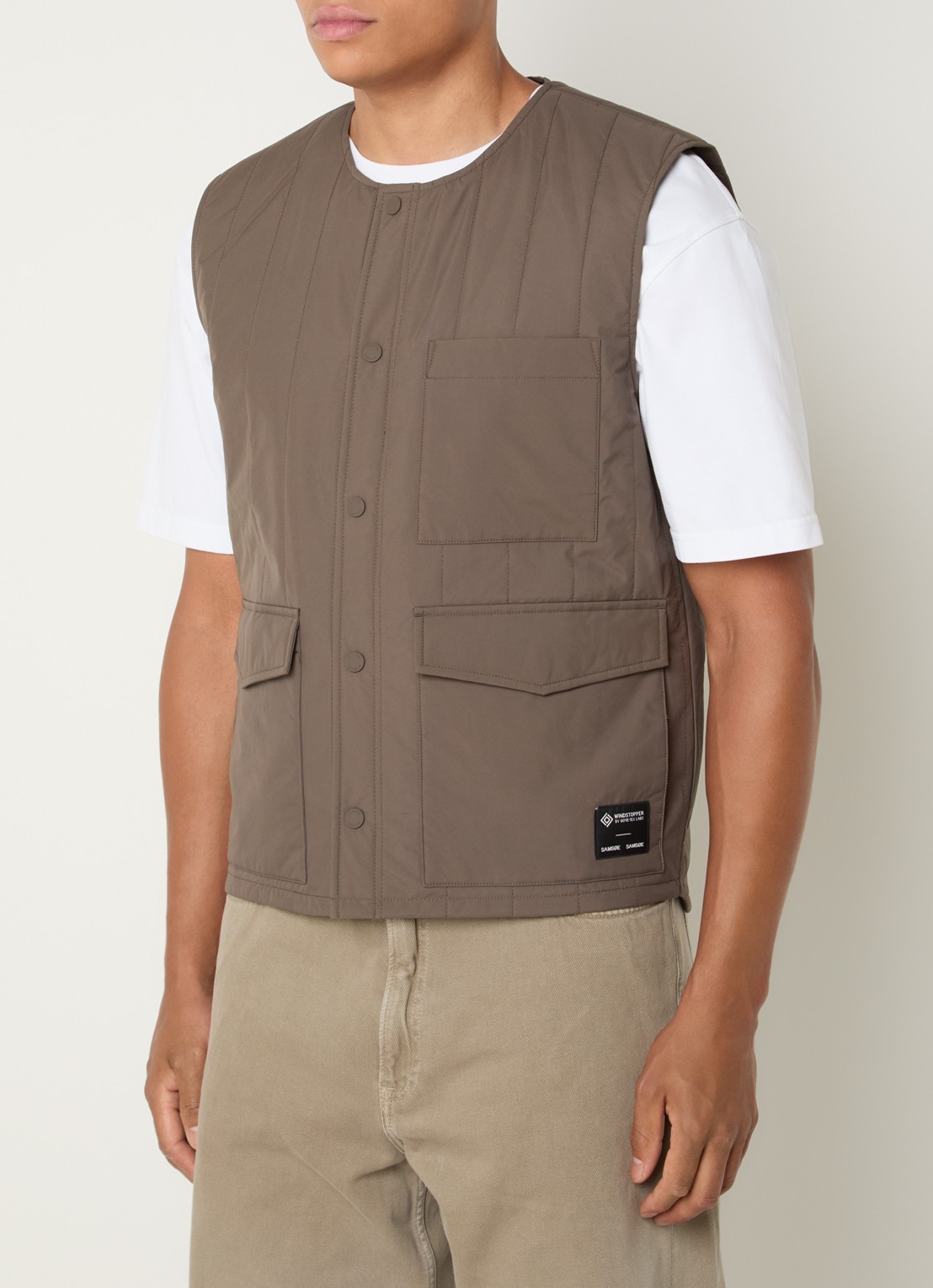 SAMSØE SAMSØE Sagavin Gore-Tex gewatteerde bodywarmer met klepzakken - detail bruin