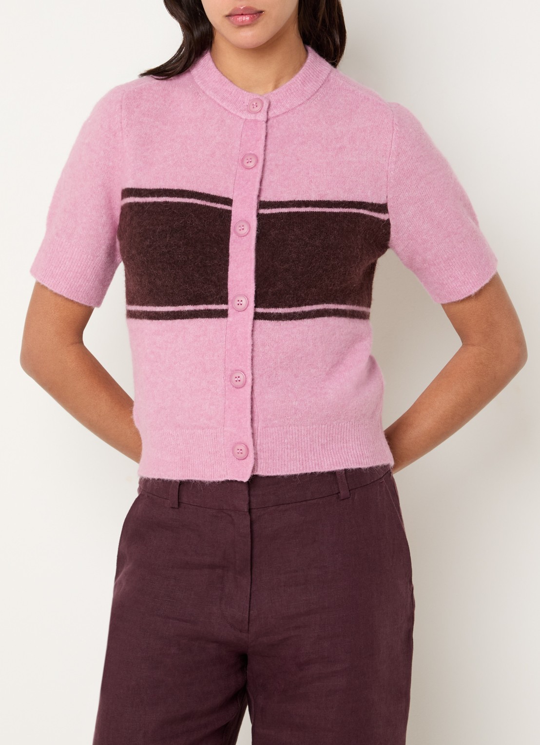 SAMSØE SAMSØE Sanoura grofgebreid vest in wolblend - detail roze