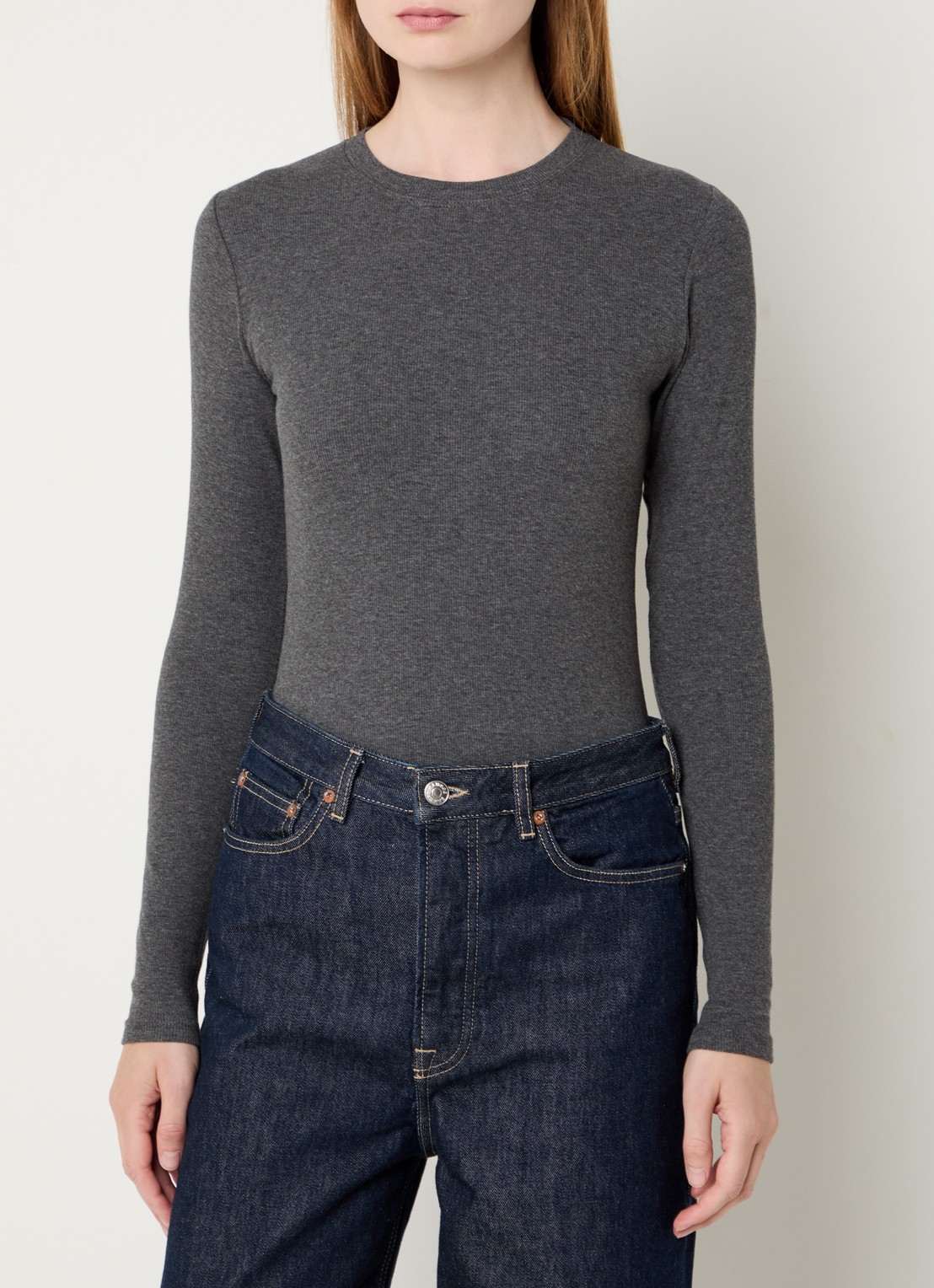 SAMSØE SAMSØE Longsleeve van  katoen met ribstructuur - detail donkergrijs