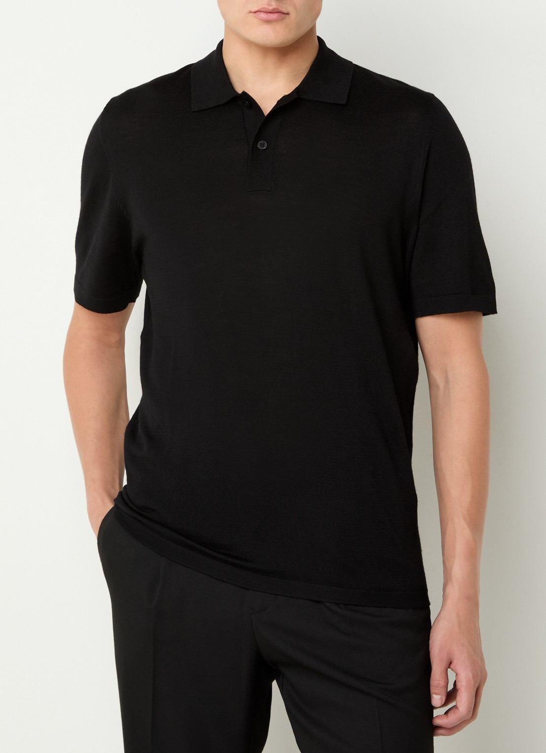 SAMSØE SAMSØE Rowan fijngebreide regular fit polo in merino wolblend - detail zwart