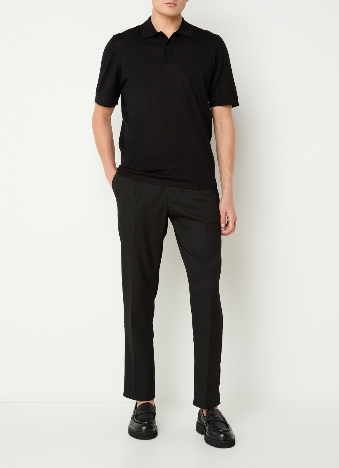 SAMSØE SAMSØE Rowan fijngebreide regular fit polo in merino wolblend - voorkant 4 zwart