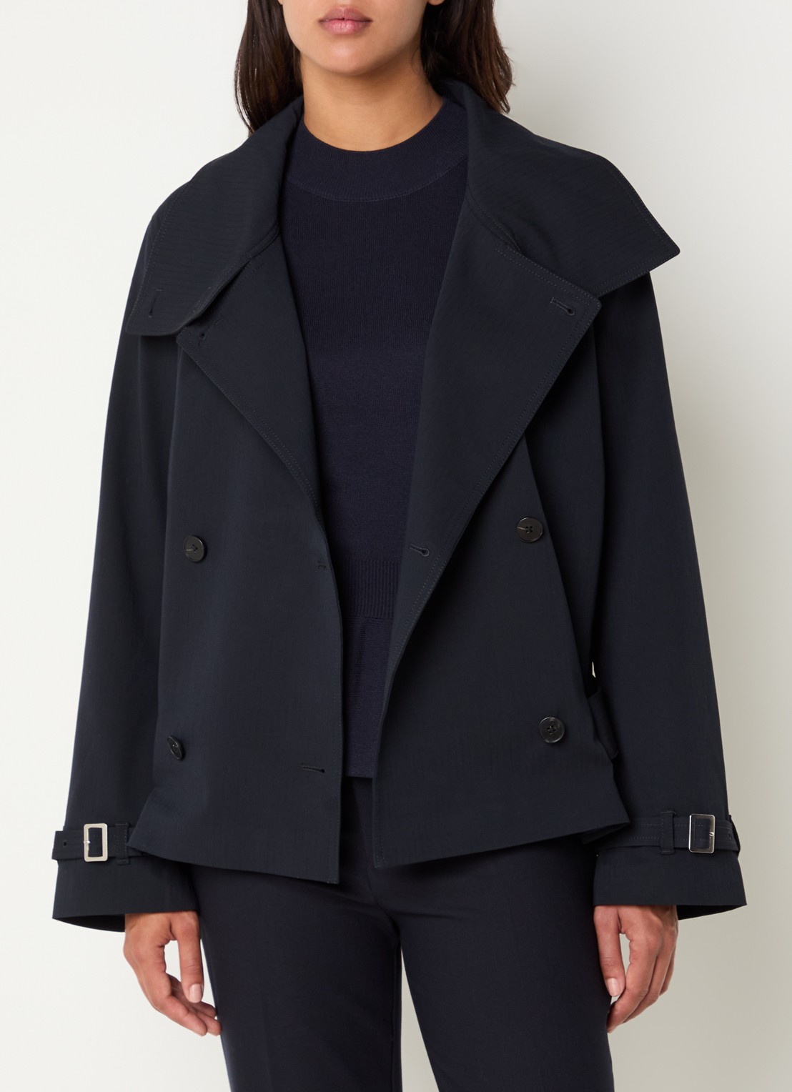 SAMSØE SAMSØE Sabianca double-breasted jack met strikceintuur - detail donkerblauw