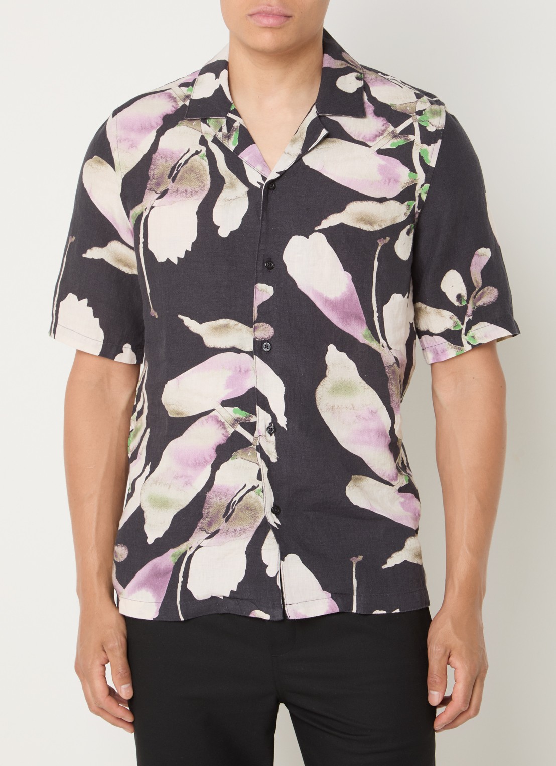 SAMSØE SAMSØE Saoscar regular fit overhemd van linnen met bloemenprint - detail donkerblauw