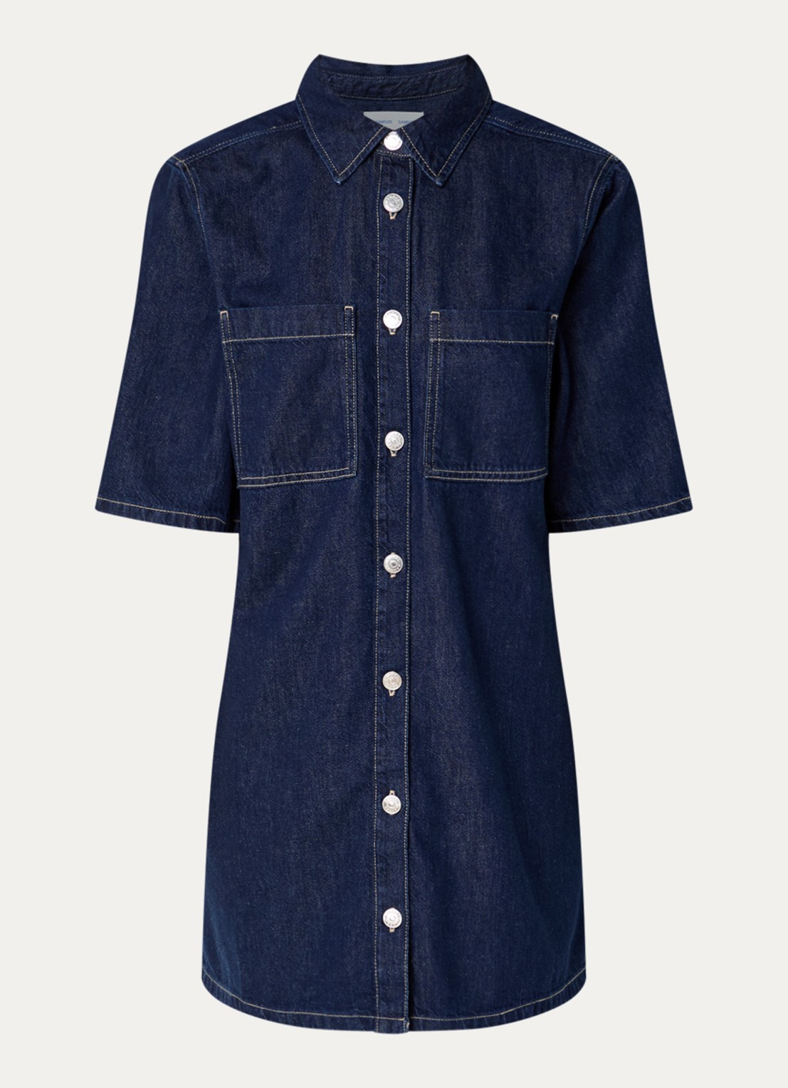 SAMSØE SAMSØE Satilly mini denim blousejurk met borstzakken - voorkant 3 indigo